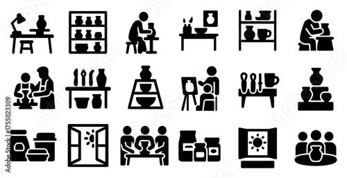 Ceramics and pottery silhouette icons set - crafting, sculpting, art symbols