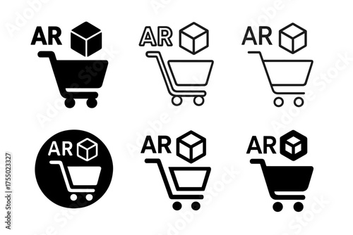 AR Marketing Logos. Augmented reality marketing. Set Logo of Augmented reality marketing: AR shopping cart with virtual product overlay. harmonious logo