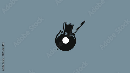 A whimsical black and white illustration of a round object with a top hat and a stick on a blue background