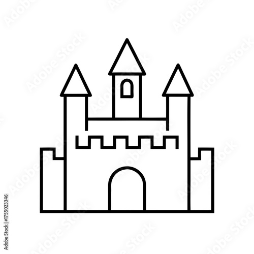 Outline drawing of a fairytale castle icon on transparent background