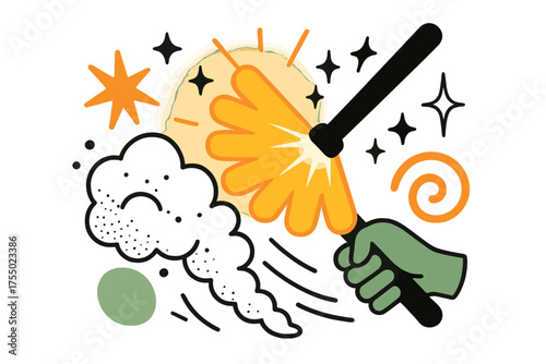 Glowing Duster Motion. Cleaning Motion. A glowing duster brushing away clouds of dust, abstract spark and swirl icons symbolizing refreshment. Modern flat-line