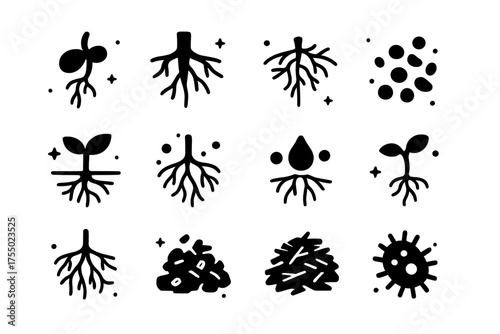 Root Growth Icons. Root Growth. Solid icons set of Root Growth: sprouting roots, branching roots, root tips, soil particles, water absorption, nutrients,