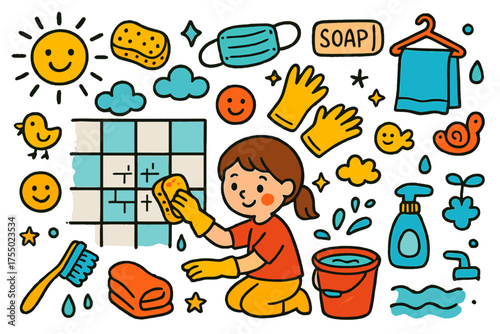 Colorful Bathroom Doodle. Bathroom Repair. Colorful Hand-drawn doodle Children illustration tiles, child cleaning, grout, sponge, bucket, brush, water, gloves,