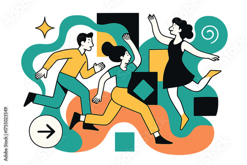 Surreal Geometric Harmony. Surreal harmony. Glowing organic curves merging with sharp-edged squares and circles. Floating icons of sparkle, arrow, and swirl