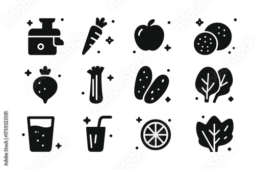 Juicing Icons Collection. Juicing fruits and vegetables. Solid icons set of Juicing fruits and vegetables: juicer, carrot, apple, orange, beet, celery,