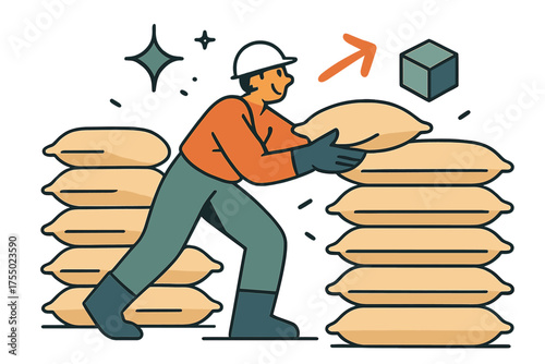 Efficient Grain Stacking. Storage work. Glowing worker stacking sacks of grain neatly into tall piles. Floating icons of sparkle, arrow, and cube symbolizing