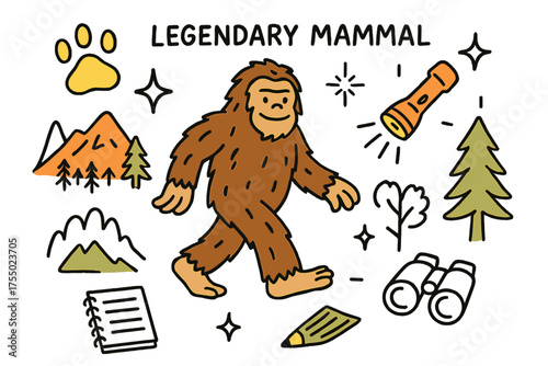 Bigfoot Adventure Icons. Legendary Mammal. Hand-drawn doodle illustration bigfoot (colored), paw print (colored), forest, mountain (colored), tree, sparkle,