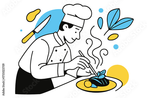 Gourmet Plating Artistry. Chef Plating Dish. Gourmet chef carefully arranging food on a plate, floating abstract garnish and utensils, subtle steam and aroma