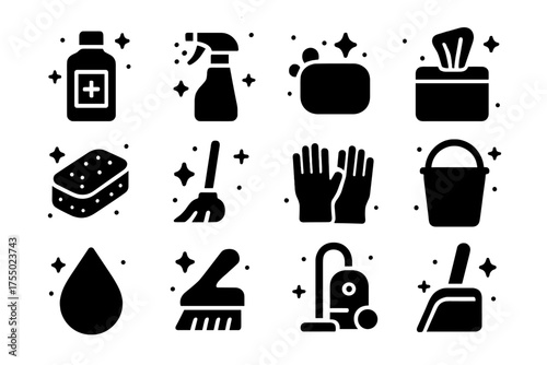 Sanitizing Icons Grid. Sanitizing. Solid icons set of Sanitizing: disinfectant bottle, spray bottle, soap, wipes, sponge, mop, gloves, bucket, droplet, brush,