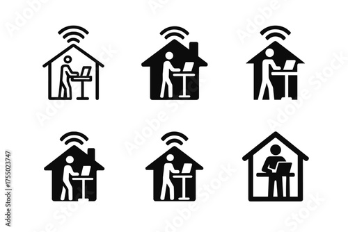 Smart Home Office Logos. Remote worker setting up a smart home office. Set Logo of Remote worker setting up a smart home office: Smart standing desk.
