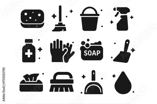 Cleaning Icons Collection. Cleaning habits. Solid icons set of Cleaning habits: sponge, mop, bucket, spray bottle, disinfectant, gloves, soap, wipes, brush,