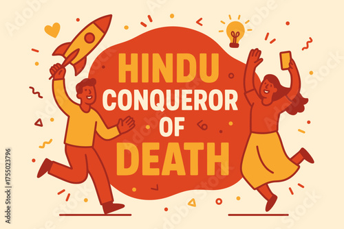 Hindu Heroic Celebration. Hindu Conqueror of Death banner, flat vector illustration, bold oversized text inside rounded blob, cartoon characters jumping and
