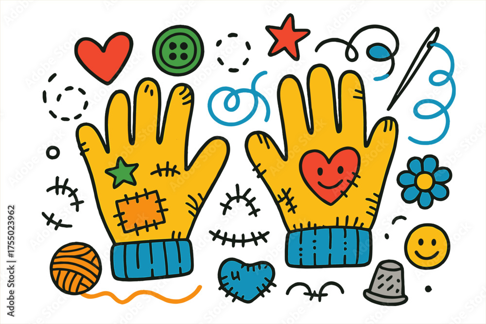 Fototapeta premium Colorful Doodle Gloves. Worn Gloves. Colorful Hand-drawn doodle Children illustration gloves, stitches, patch, thread, needle, button, star, heart, smiley