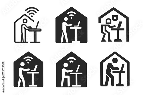 Smart Home Office Logos. Remote worker setting up a smart home office. Set Logo of Remote worker setting up a smart home office: Smart standing desk.