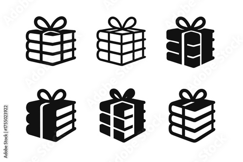 Book Launch Logos. Book launches. Set Logo of Book launches: stack of books tied with ribbon. harmonious logo variations of the same emblematic concept, each
