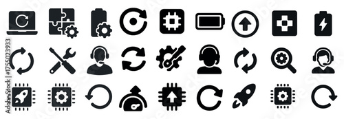 Technology and support solid icons set – tools, repair, technical assistance symbols