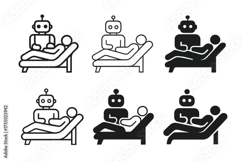 Robotic Empathy Logos. Robotic empathy and emotional response. Set Logo of Robotic empathy and emotional response: robot therapist sitting beside a couch.