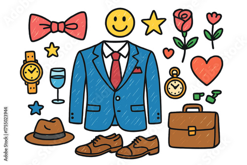 Colorful Wedding Attire Icons. Wedding Suit. Colorful Hand-drawn doodle Children illustration suit, bow tie, shirt, shoes, flower boutonniere, heart, star,