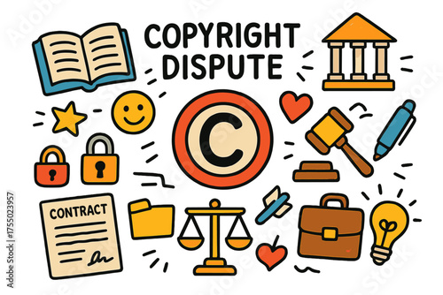 Copyright Symbols Doodle. Copyright Dispute. Colorful Hand-drawn doodle Children illustration copyright symbol, book, gavel, courthouse, pen, contract, folder,