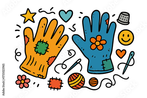 Colorful Doodle Gloves. Used Gloves. Colorful Hand-drawn doodle Children illustration gloves, patch, tear, stitches, button, thread, star, heart, smiley face,