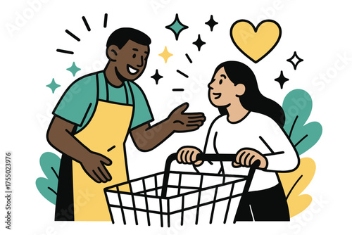 Friendly Supermarket Interaction. Helping Customers. A glowing supermarket worker assisting a shopper, abstract floating spark and heart icons symbolizing