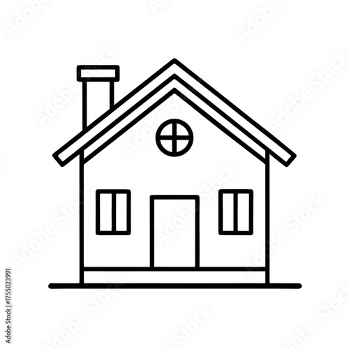 Simple house outline with chimney and roof on transparent background