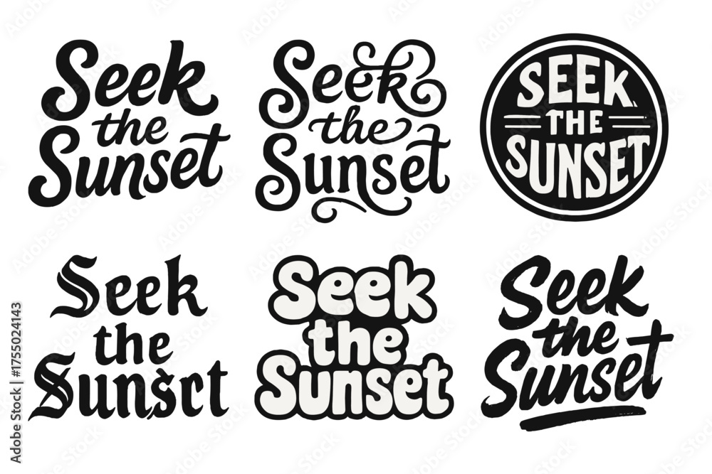 Fototapeta premium Artistic Lettering Grid. Seek the Sunset. Set lettering. harmonious lettering variations of the same emblematic concept, each with different artistic