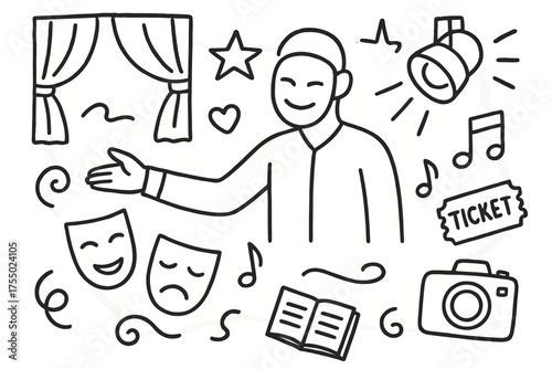 Performance Art Icons. Performance art. Hand-drawn doodle illustration performance art actor, mask, spotlight, stage, star, book, comedy mask, tragedy mask,