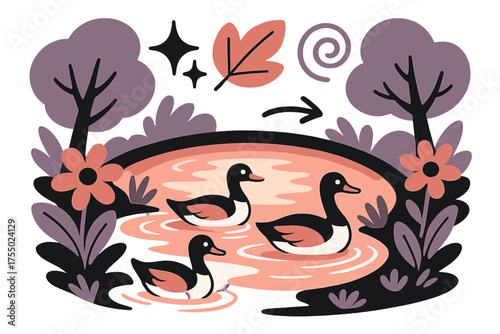 Pond Harmony Illustration. Natural harmony. Glowing pond framed by trees and flowers, ducks gliding gently. Floating icons of sparkle, leaf, and