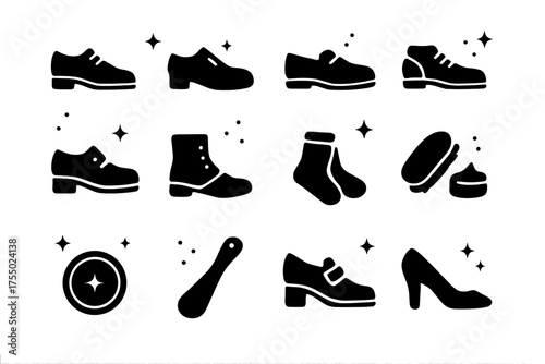Elegant Formal Footwear Icons. Formal Footwear. Solid icons set of Formal Footwear: dress shoes, patent leather shoes, loafers, oxfords, tassel shoes, spats,