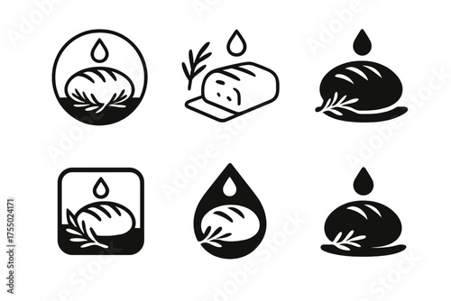 Rustic Focaccia Logos. Baking a rustic focaccia bread with herbs and olive oil. Set Logo of Baking a rustic focaccia bread with herbs and olive oil: baking