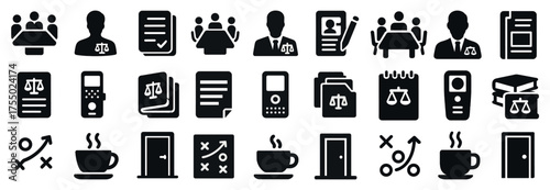 Legal and justice solid icons set – filled, law, court visual elements