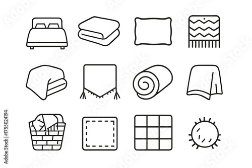 Bed Blanket Icons. Bed blanket. Line icon set of Bed blanket: bedspread, folded blanket, pillow, knitted throw, fleece blanket, tassel, rolled blanket, cozy