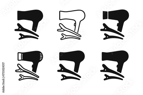 Diverse Styling Logos. Blow dryer and styling tools. Set Logo of Blow dryer and styling tools: Hair clips / sectioning clips. harmonious logo variations of the