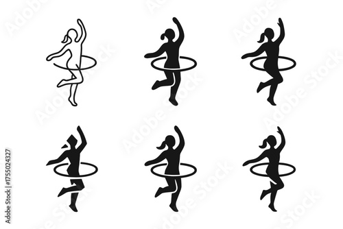 Hula Hoop Logo Variations. hula hoop ring. Set Logo of hula hoop ring: hooping performer silhouette mid-spin. harmonious logo variations of the same emblematic