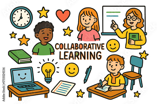 Collaborative Learning Doodles. Collaborative Learning. Colorful Hand-drawn doodle Children illustration students, teacher, laptop, notebook, pen, desk, book,