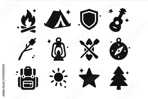 Camp Nostalgia Icons. Camp nostalgia. Solid icons set of Camp nostalgia: campfire, tent, badge, guitar, marshmallow stick, lantern, canoe, compass, backpack,