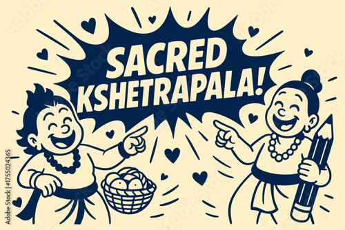 Kshetrapala Comic Burst. Sacred Kshetrapala banner, flat vector illustration, bold oversized text inside comic burst, cartoon characters laughing and pointing,