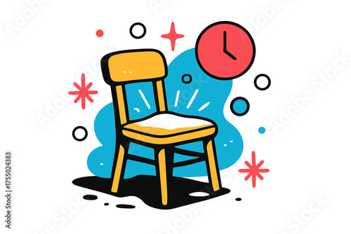 Timeless Glow. Forgotten Corner. A glowing old chair covered in dust, abstract floating spark and circle icons symbolizing time passing. Modern flat-line