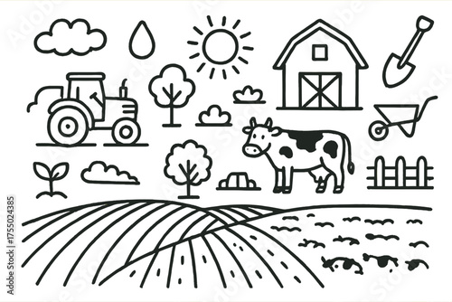 Farming Symbols Doodle. Farming land. Hand-drawn doodle illustration farming land field, crop row, tractor, barn, cow, tree, fence, water droplet, shovel,