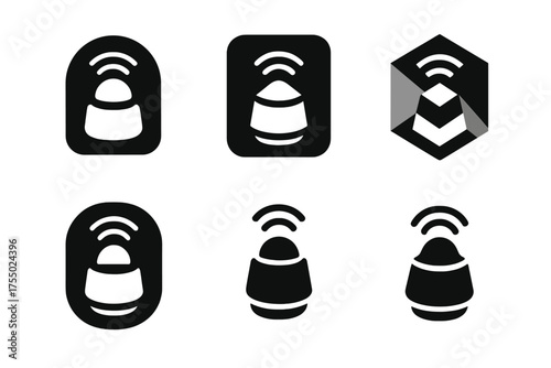 Smart Home Office Logos. Remote worker setting up a smart home office. Set Logo of Remote worker setting up a smart home office: Voice assistant speaker.
