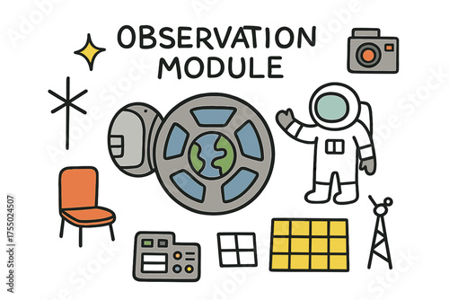 Astronaut's Cupola View. Observation Module. Hand-drawn doodle illustration cupola window (colored), Earth (colored), astronaut (colored), sparkle, star,