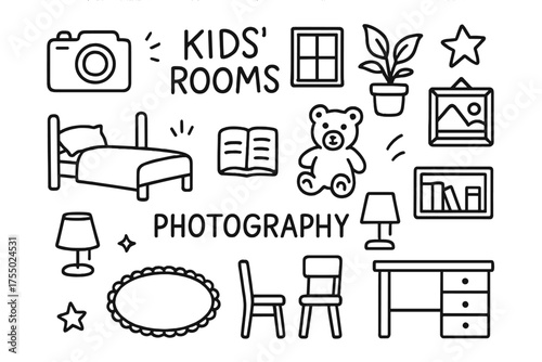 Kids' Room Doodles. Photography of kids? rooms and personal spaces. Hand-drawn doodle illustration kids? room photography camera, bed, toy, teddy bear, book,