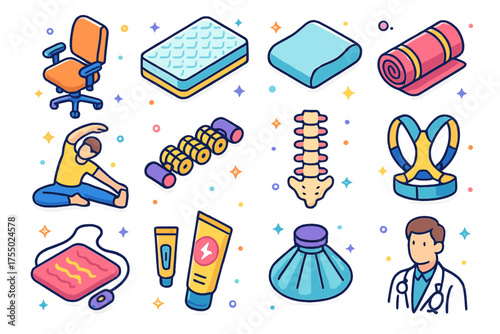 Back Health Icons. Back Health. Colorful isometric vector icons set of back health: ergonomic chair, mattress, supportive pillow, yoga mat, stretching pose,