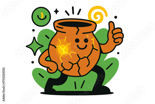 Glowing Terracotta Resilience. Clay Vessel. A glowing terracotta-style pot with cracks, abstract floating spark and swirl icons symbolizing resilience and