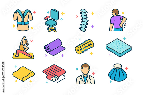 Posture Support Icons. Posture Support. Colorful isometric vector icons set of posture support: posture brace, ergonomic chair, spine illustration, person