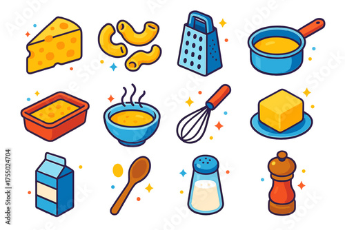 Cheese Lover Icons. Cheese Lovers. Colorful isometric vector icons set of cheese lovers: cheese wedge, macaroni pasta, grater, saucepan, oven dish, steaming