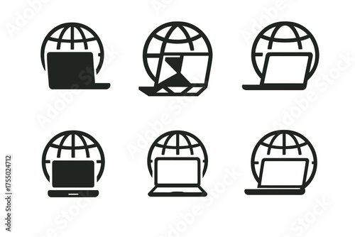 Innovative Logo Concepts. Remote Workshops for Personal Development. Set Logo of Remote Workshops for Personal Development: globe with laptop. harmonious logo