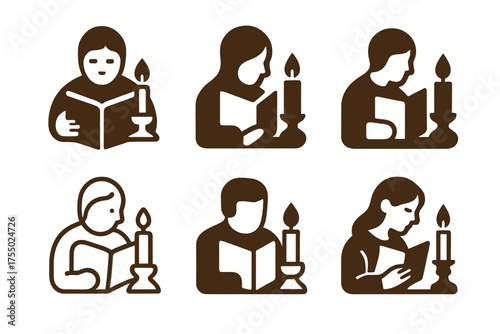 Cozy Candlelight Reading. Reading by candlelight. Set Logo of Cozy reading: person holding book near candle. harmonious logo variations of the same emblematic