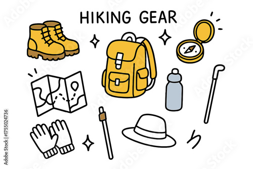 Hiking Essentials Doodle. Hiking Gear. Hand-drawn doodle illustration hiking boots (colored), backpack (colored), compass (colored), sparkle, star, map, water